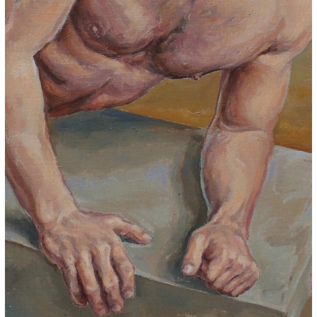 In "Blake of Night," a muscular figure reclines against a stark landscape, exuding a sense of vulnerability and strength....