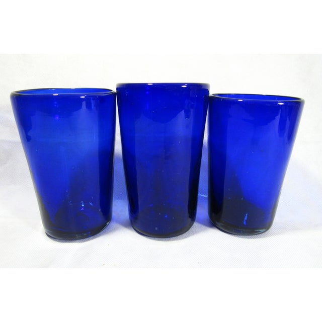 Glass Vintage Cobalt Blue Blown Drinking Glasses - Set of 3 For Sale - Image 7 of 10