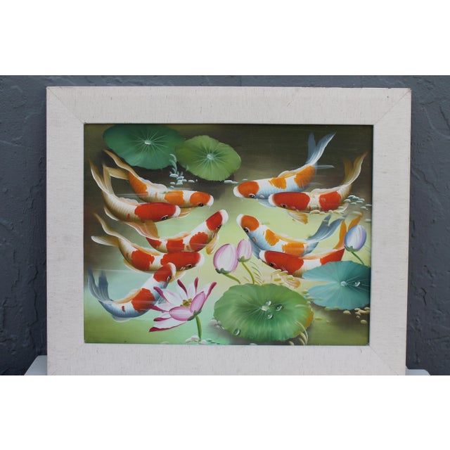 Orange Vintage Colorful Acrylic Hand Painted Koi Fish Framed & Matte Painting For Sale - Image 8 of 8