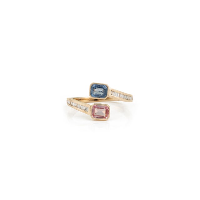 Pink & Blue Toi Et Moi 1 Carat Sapphire Ring in 14k Yellow Gold Size 5.5 For Sale - Image 4 of 15
