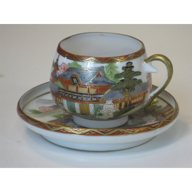 7 Pc. Set Tea Pot Sugar Bowl Cups Saucers Porcelain Antique Japanese Kutani Eggshell Porcelain Lithophane Geisha - 11 pcs For Sale - Image 9 of 18