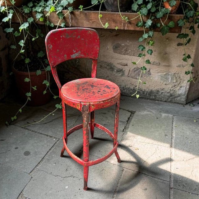 Red 1940s Vintage Industrial Distressed Red Metal Machinist Counter Stool For Sale - Image 8 of 10