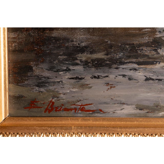 Dimensions without frame: 22 x 35 x 0,5 cm. Signed "E. Briante" in the lower left corner. This atmospheric harbor scene...