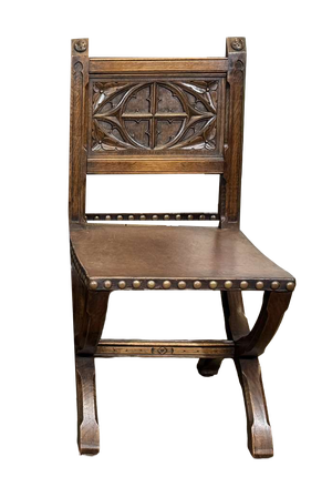 Chairs and Armchairs in Oak and Leather with Gothic Decoration, 1930s, Set of 8