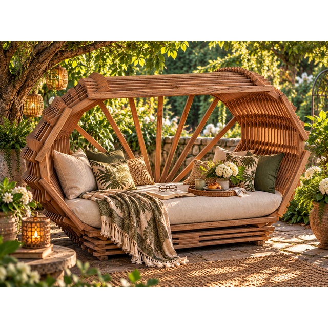 1970s Sculptural Slatted Wood Cocoon Daybed With Architectural Oval Frame For Sale - Image 15 of 17