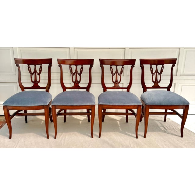 Hollywood Regency Set of 6 Neoclassical Dining Chairs With Carved Swag Backs, Blue Velvet Upholstery For Sale - Image 3 of 18