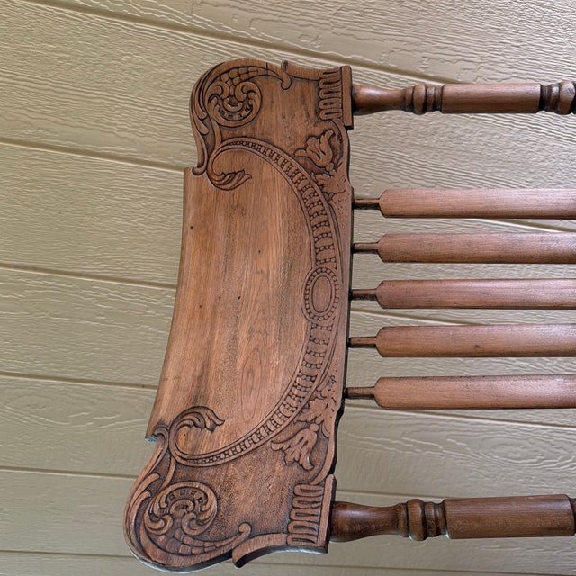 Victorian Antique Late Victorian Pressed-Back Oak Rocking Chair With Navy Seat For Sale - Image 3 of 8