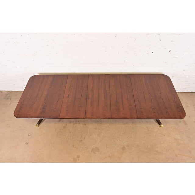 1980s Baker Furniture Georgian Banded Cherry Wood Double Pedestal Extension Dining Table, Newly Refinished For Sale - Image 5 of 15