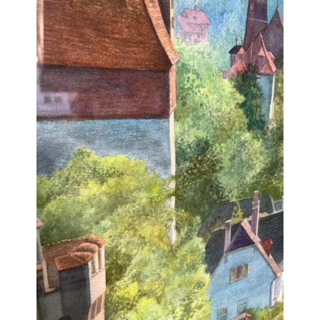 Wood Framed European Village Landscape Watercolor, Signed Florence Strauss For Sale - Image 7 of 13