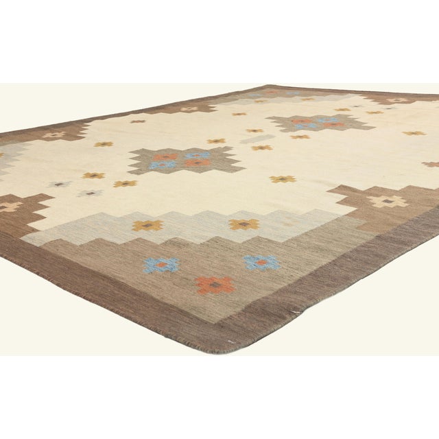 79448 Vintage Indian Kilim Rug, 07'11 x 09'11. The Silent Horizon: A Vintage Indian Kilim Masterpiece of Nordic Modern...