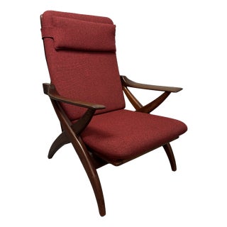 Mid-Century Teak Lounge Chair with Burgundy Red Fabric Upholstery attributed to Topform, Netherlands, 1960s For Sale