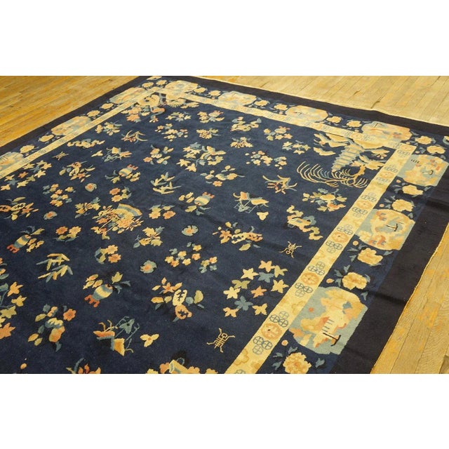 1920s Navy Blue Floral Shou Antique Chinese Art Deco Rug 8' 2''x 9' 10'' Knotted Wool Carpet For Sale - Image 4 of 12