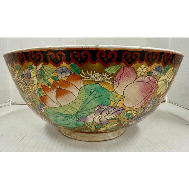 Ceramic Large Chinese Hand Painted Porcelain Floral Centerpiece Bowl For Sale - Image 7 of 9