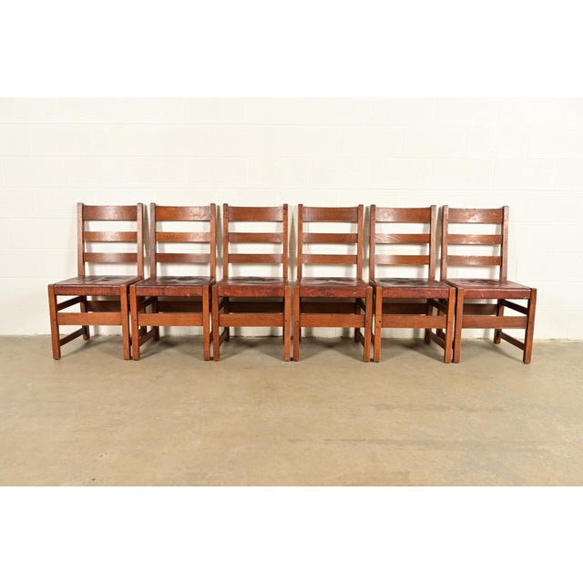 L. & J.G. Stickley, Inc. L. & J. G. Stickley Antique Mission Oak Arts & Crafts Ladder Back Dining Chairs | Set of Six For Sale - Image 4 of 16