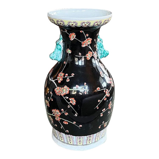Chinoiserie Famille Noire Black Dragon Vase With Pink and Green Floral Motif For Sale