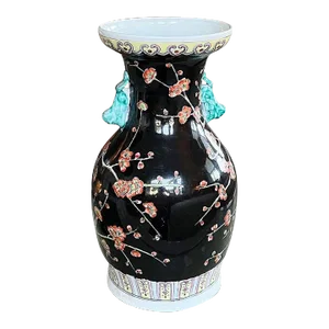 Chinoiserie Famille Noire Black Dragon Vase With Pink and Green Floral Motif