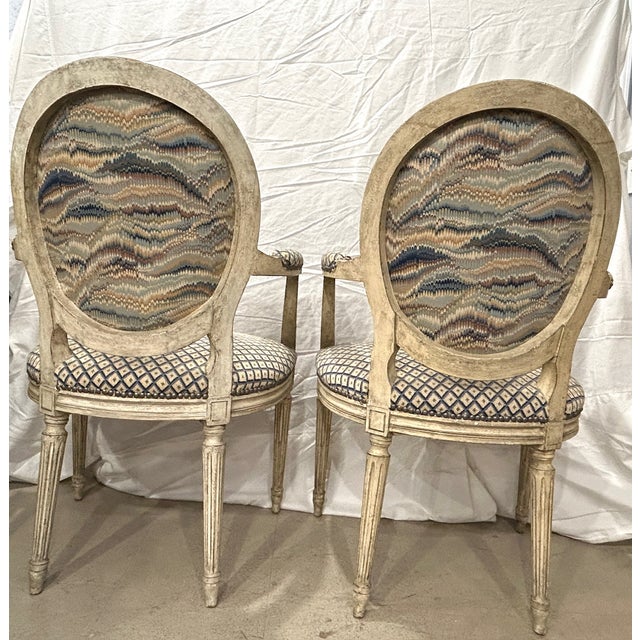 Very Rare! Pair of Louis XVI Period Painted Fauteuils With Hand Needlepoint Upholstery, France Circa 1770 For Sale - Image 4 of 13