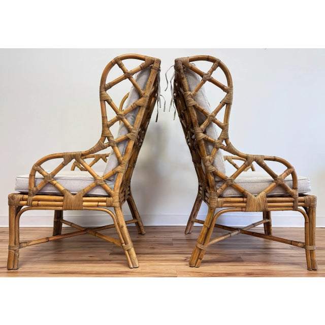 Fretwork Rattan Wingback Chairs, Pair For Sale - Image 4 of 13