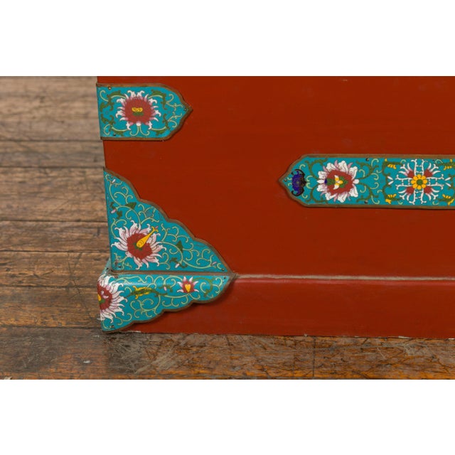 Chinese Vintage Blanket Chest with Red Lacquer and Cloisonné Floral Décor For Sale - Image 12 of 13