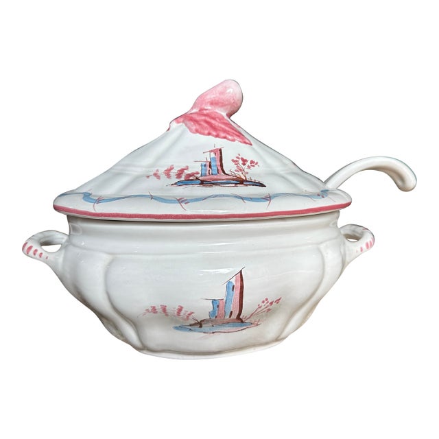 Vintage Hand Painted Ceramic Tureen With Ladle Made in Italy For Sale