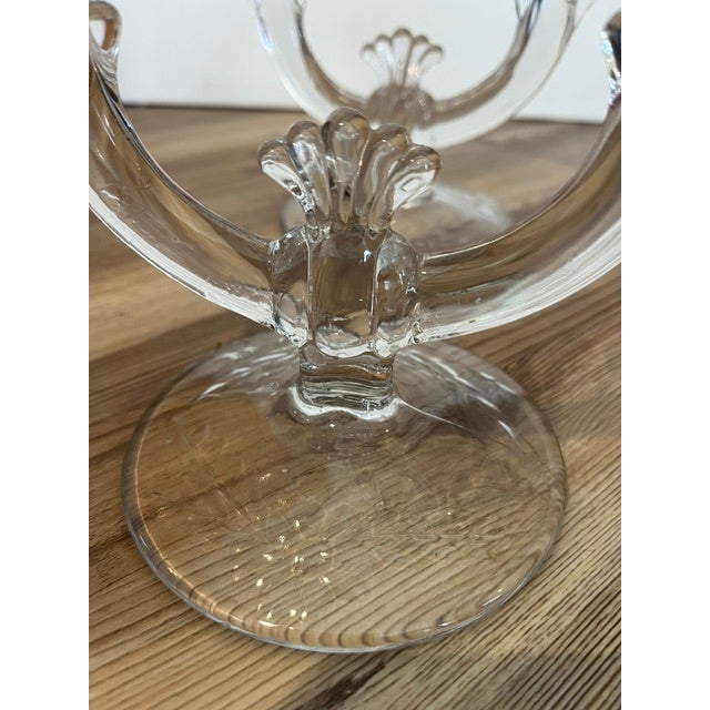 White Antique Mid-Century Modern Paden City Lucy Pattern Clear Glass Twin Arm Double Candelabras - Pair For Sale - Image 8 of 10