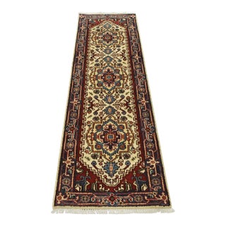 Heriz Runner 2’7” X 7’11” Ivory Wool Tribal Hand-Knotted Oriental Rug For Sale