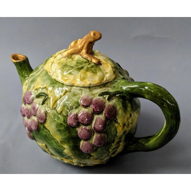 Vintage 1970s Italian Green, Gold, and Purple Grape and Grape Leaf Motif Decorative Tea Pot For Sale - Image 11 of 11