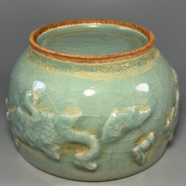 Antique Chinese Celadon Relief‑Decorated Covered Jar, Collectible Antique For Sale - Image 6 of 6