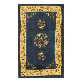 1920s Navy Floral Birds Medallion Antique Chinese Peking Knotted Wool Carpet Rug For Sale