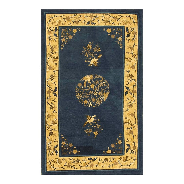 1920s Navy Floral Birds Medallion Antique Chinese Peking Knotted Wool Carpet Rug For Sale