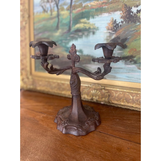 Possibly 19th Century Ornate Cast Iron Double-Arm Candelabrum With Floral Bobeches and Scroll Base. For Sale - Image 4 of 9
