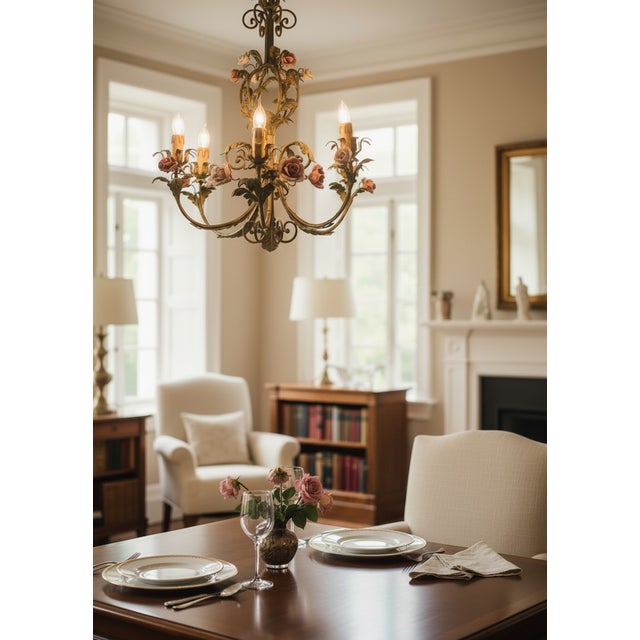 Florentine Tole Ceramic Flower Chandelier, 1960s For Sale - Image 13 of 14