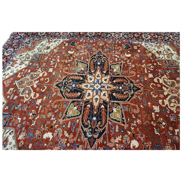 Vintage Persian Heriz 10x13 Red, Navy, & Ivory Handmade Area Rug #9901667 For Sale - Image 10 of 12