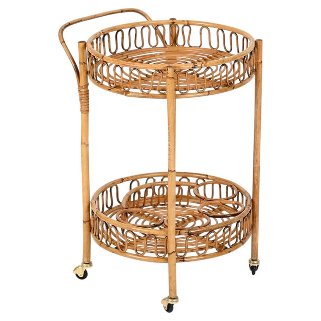 French Riviera Round Serving Bar Cart in Rattan and Wicker, Italy, 1960s For Sale - Image 11 of 11