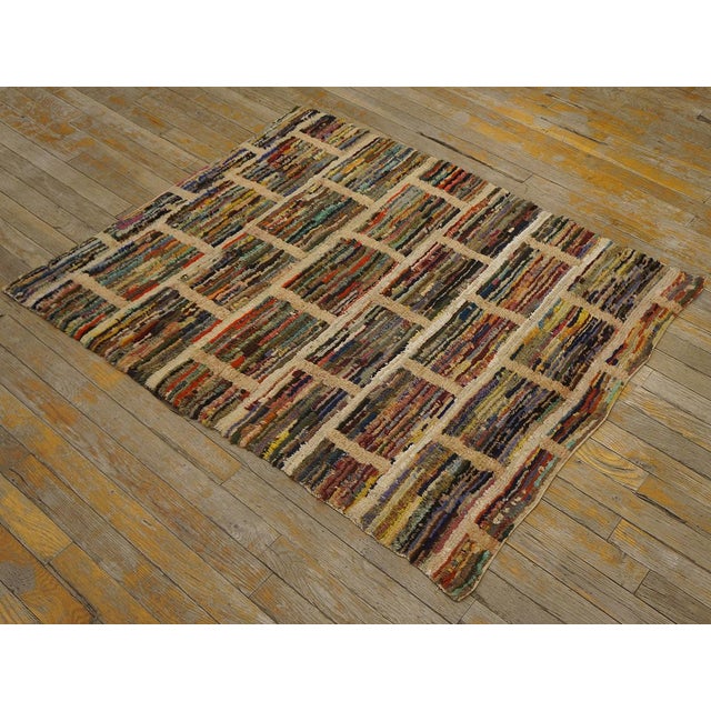 American 1930s Multicolor Geometric Folk Art Antique American Hooked Rug 3'3" X 3'10" Handknotted Wool Carpet For Sale - Image 3 of 11