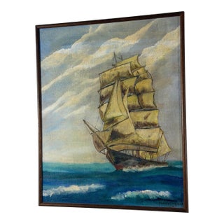 Vintage Ship Painting, Framed For Sale