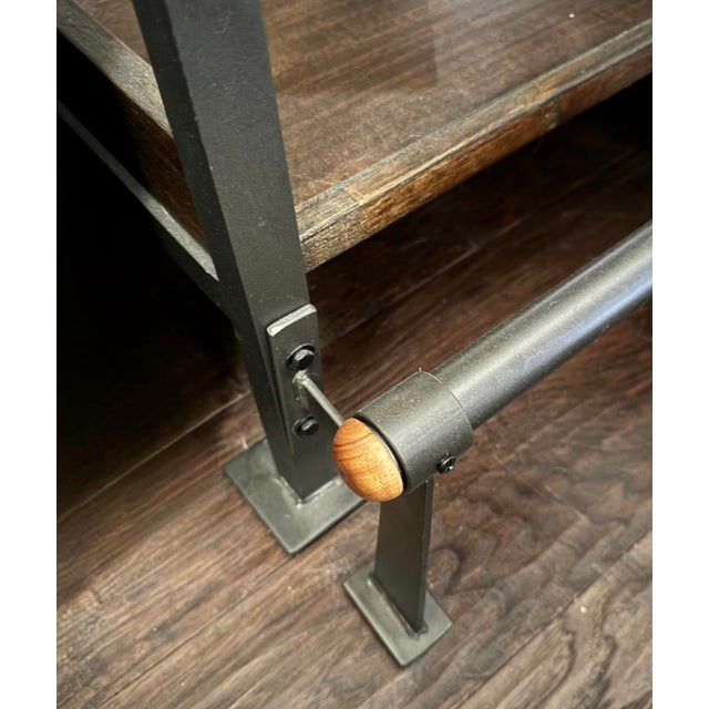 Early 21st Century Industrial Wood and Metal Shelving Unit With Integrated Metal Handles and Foot Rail For Sale - Image 5 of 6