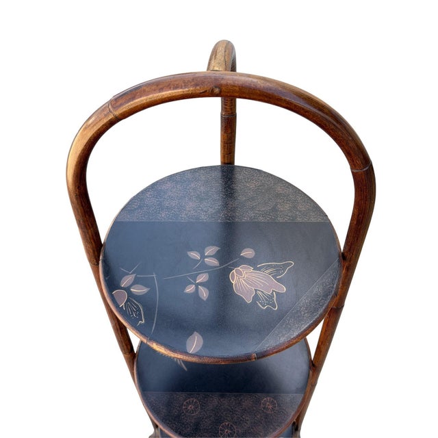 Brown 1970s Costal Three Tiered Dark Stained Rattan Shelf w East Asian Motif Tops For Sale - Image 8 of 11