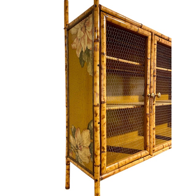 Vintage Tortoiseshell Bamboo Large Floral Decoupage Chinoiserie Display Cabinet For Sale In Boston - Image 6 of 15