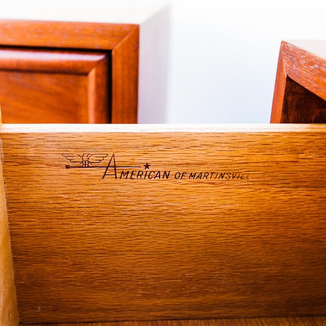 1960s 1960s Restored American of Martinsville Walnut & Brass Two Drawer Commodes / Nightstands For Sale - Image 5 of 15