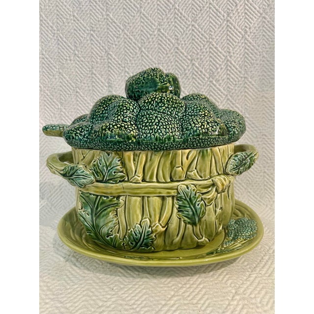 Vintage Portuguese Majolica Broccoli Tureen With Original Ladle & Underplate For Sale - Image 4 of 14