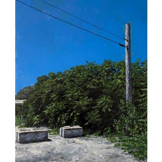 Valpraiso by Stephanie Buer | Oil on Panel Landscape with a power pole and greenery For Sale