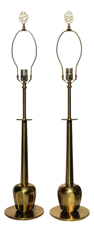 Mid 20th Century Bulbous Brass Stiffel Lamps With Original Finials - Pair