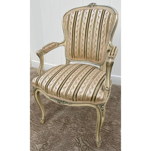 Painted Wood Arm Chair Vintage Venetian Style Carved Cream Green Floral Stripe For Sale - Image 13 of 13