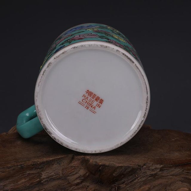 Chinese Vintage Chinese Porcelain Lidded Mug, Turquoise Hand Painted Floral Cup For Sale - Image 3 of 6