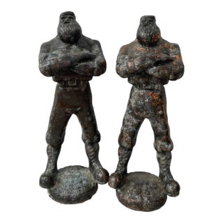 Antique Solid Cast Iron Strongman Figural Finials Pair 9" 19thC Industrial Salvage For Sale