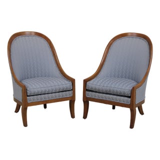 Pair of Baker Walnut Spoon Back Lounge Chairs For Sale
