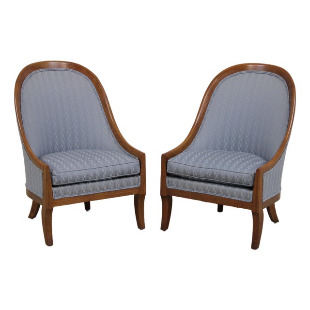 Pair of Baker Walnut Spoon Back Lounge Chairs For Sale