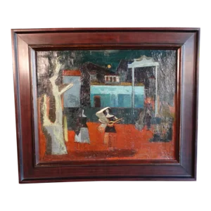Mid 20th Century Emily E. Syminton "Musicians in a Courtyard" Modern Figurative Oil Painting, Framed