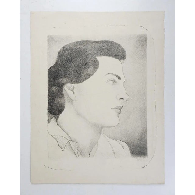 Vintage mid 20th century lithograph on paper portrait of woman, unsigned. Unframed, image size 9.5"L x 7.5"W, age toning,...
